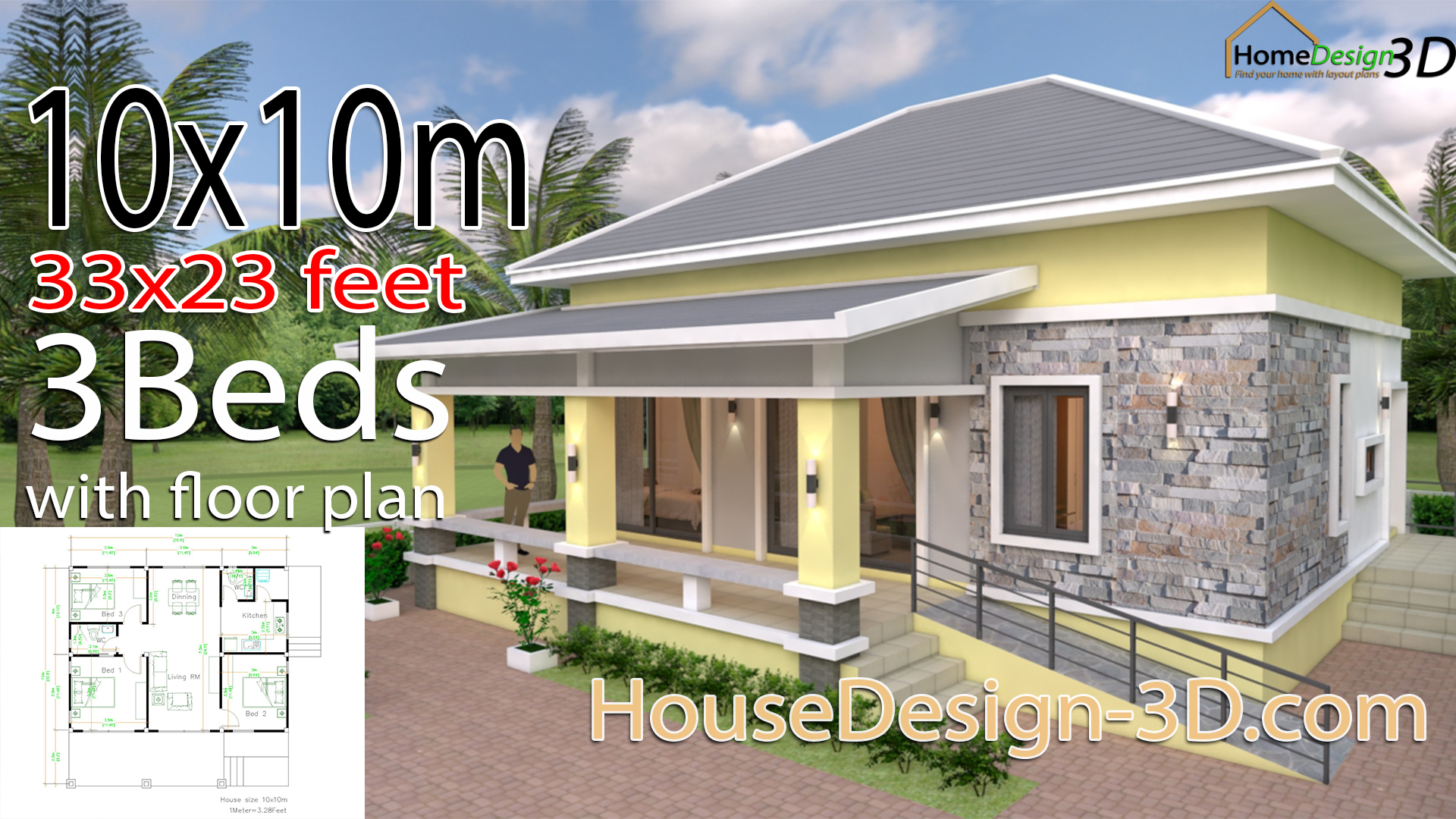 House Design 3d 10x10 Meter 33x33 Feet 3 Bedrooms Hip roof - House ...