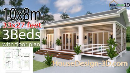 House Design 3d 10x8 Meter 27x34 Feet 3 Bedrooms Gable roof