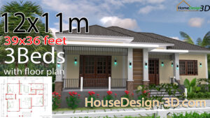 House Design 3d 12x11 Meter 39x36 Feet 3 Bedrooms Hip Roof