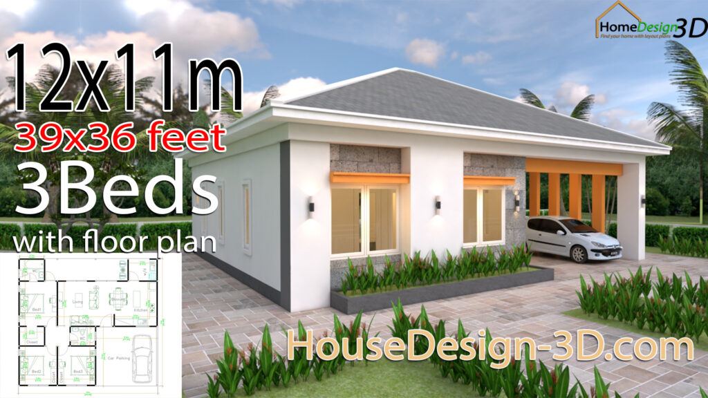 House Design 3d 12x11 Meter 39x36 Feet 3 Bedrooms Slap roof - House ...