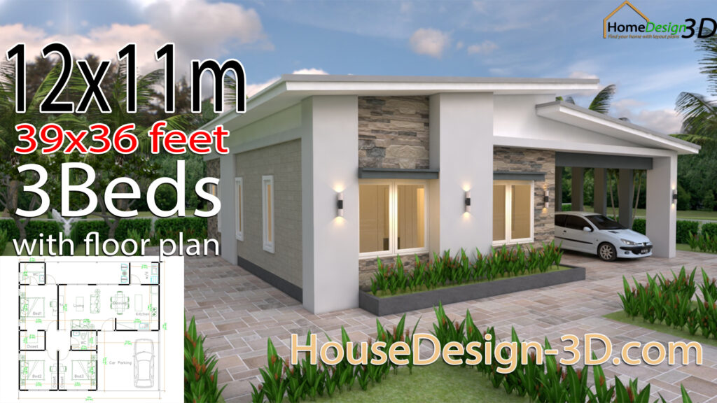 House Design 3d 12x11 Meter 39x36 Feet 3 Bedrooms Shed Roof - House ...