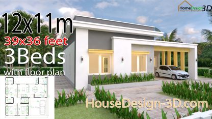 House Design 3d 12x11 Meter 39x36 Feet 3 Bedrooms Slap roof