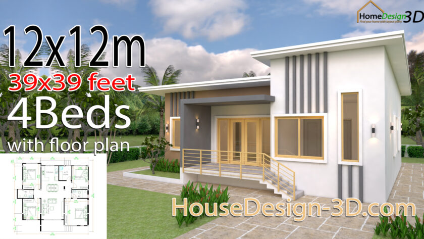 House Design 3d 12x12 Meter 39x39 Feet 4 Bedrooms Shed Roof - House ...