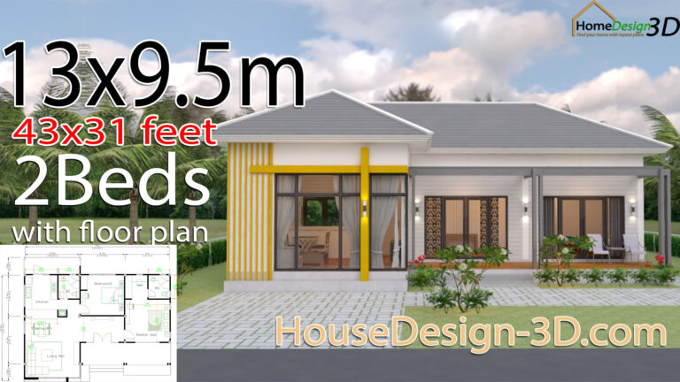 House Design 3d 13x9.5 Meter 43x31 Feet 2 Bedrooms Hip roof - House ...