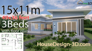 House Design 3d 15x11 Meter 49x36 Feet 3 Bedrooms Slope Roof