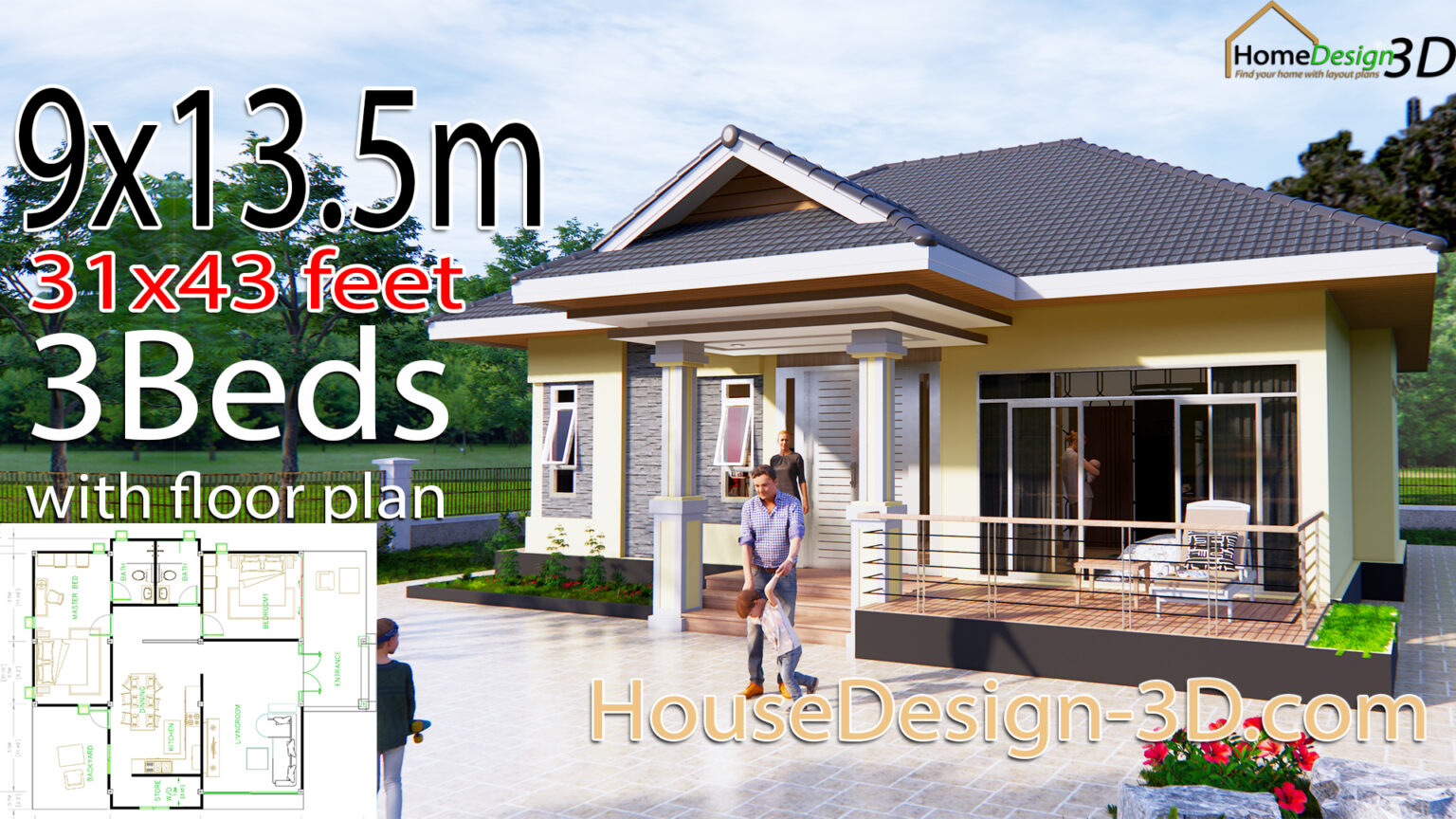 House Design 3d 31x43 Feet 9x13.5 Meters 2 Bedrooms Hip roof - House ...