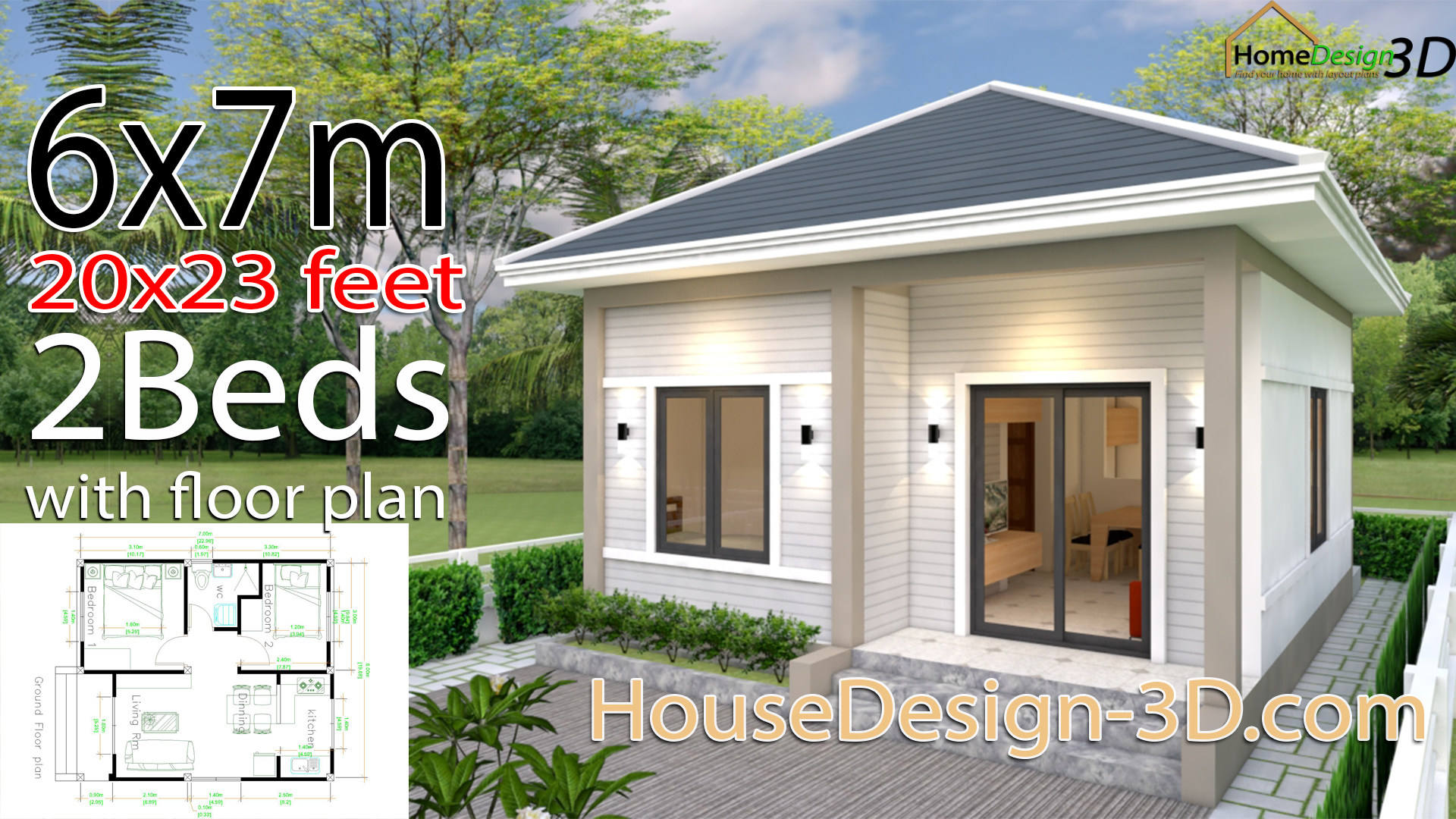 House Design 3d 6x7 Meter 20x23 Feet 2 Bedrooms Hip Roof