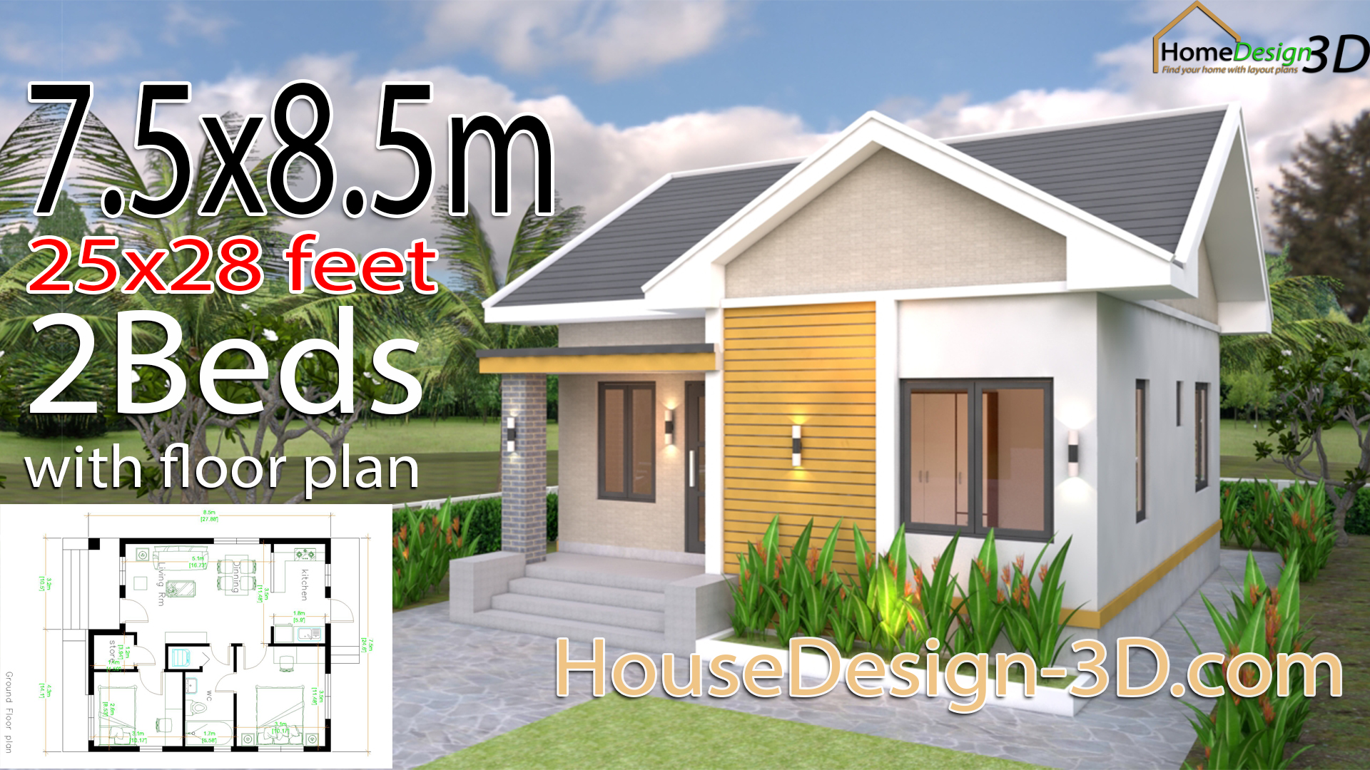 House Design 3d 7.5x8.5 Meter 25x28 Feet 2 bedrooms Gable Roof