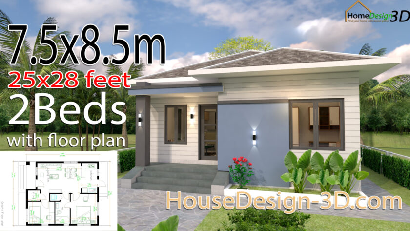 House Design 3d 7.5x8.5 Meter 25x28 Feet 2 bedrooms Hip Roof - House ...