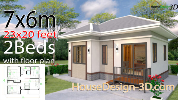 House Design 3d 7x6 Meter 23x20 Feet 2 bedrooms Hip Roof - House Design 3D