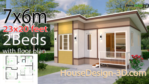 House Design 3d 7x6 Meter 23x20 Feet 2 bedrooms Shed Roof