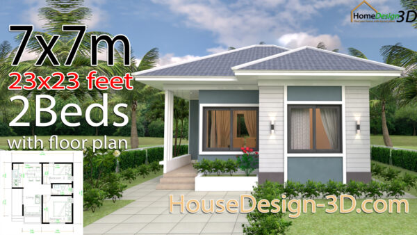 House Design 3d 7x7 Meter 23x23 Feet 2 bedrooms Hip Roof