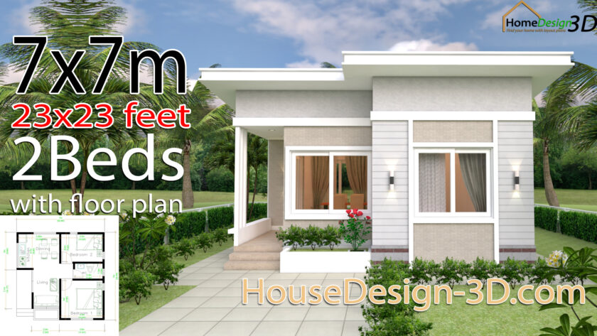 House Design 3d 7x7 Meter 23x23 Feet 2 bedrooms Shed Roof - House Design 3D