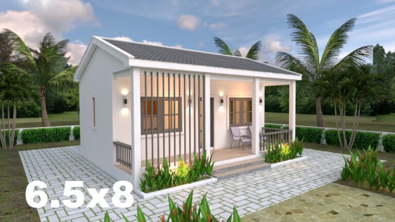 Small House Plans 6.5x8 with One Bedrooms gable roof - House Design 3D