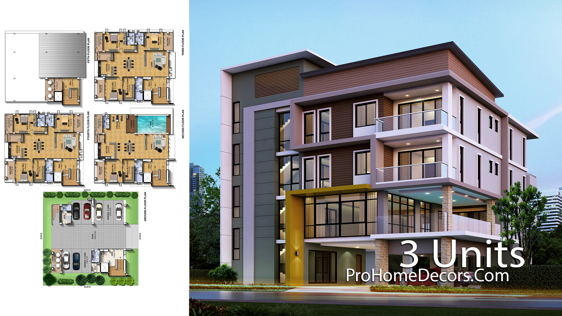 Apartment Plan Plot 22x23 meter with 3 Unit