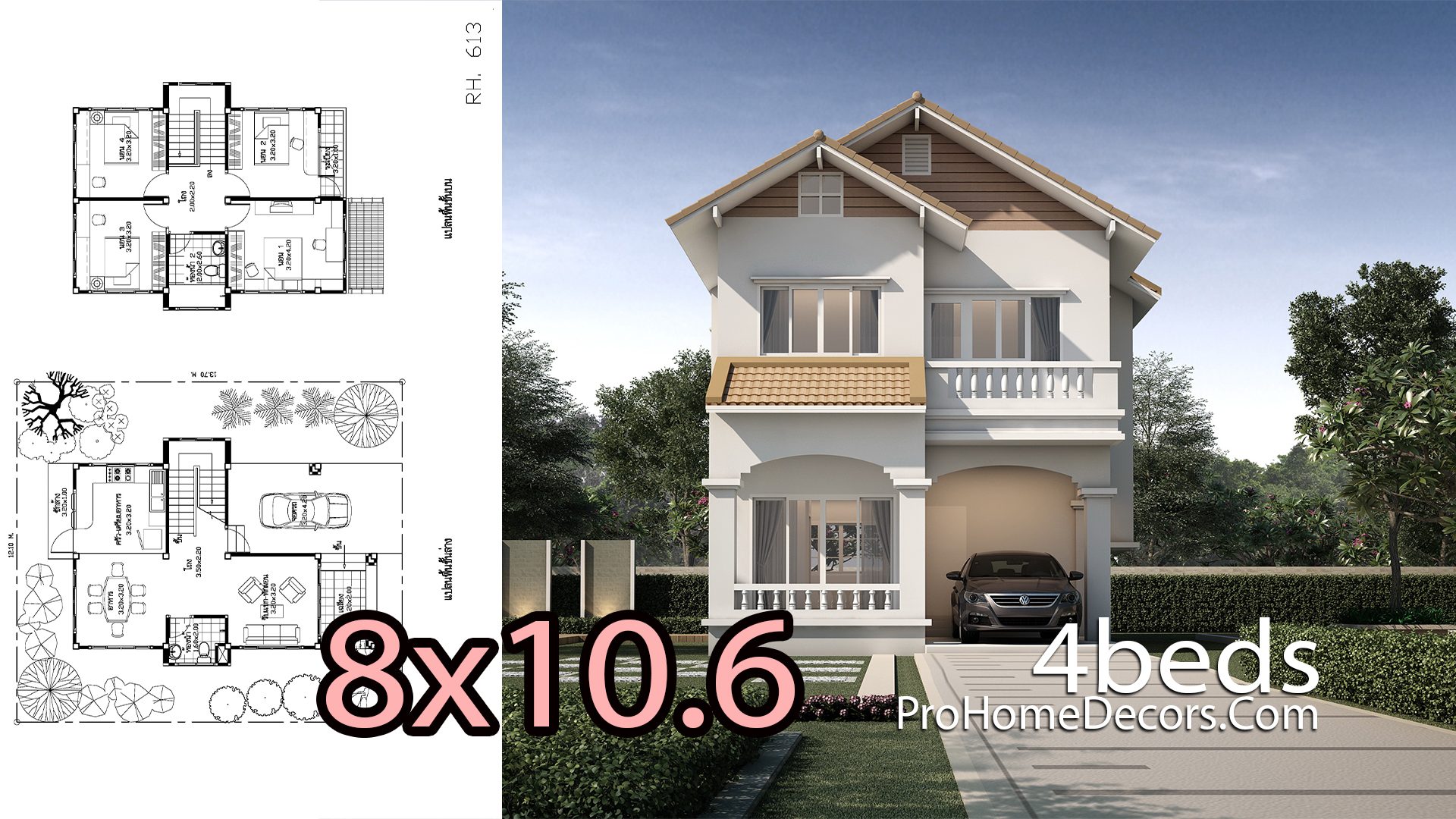 House Design Plan 8x10.6 Meters 4 Bedrooms