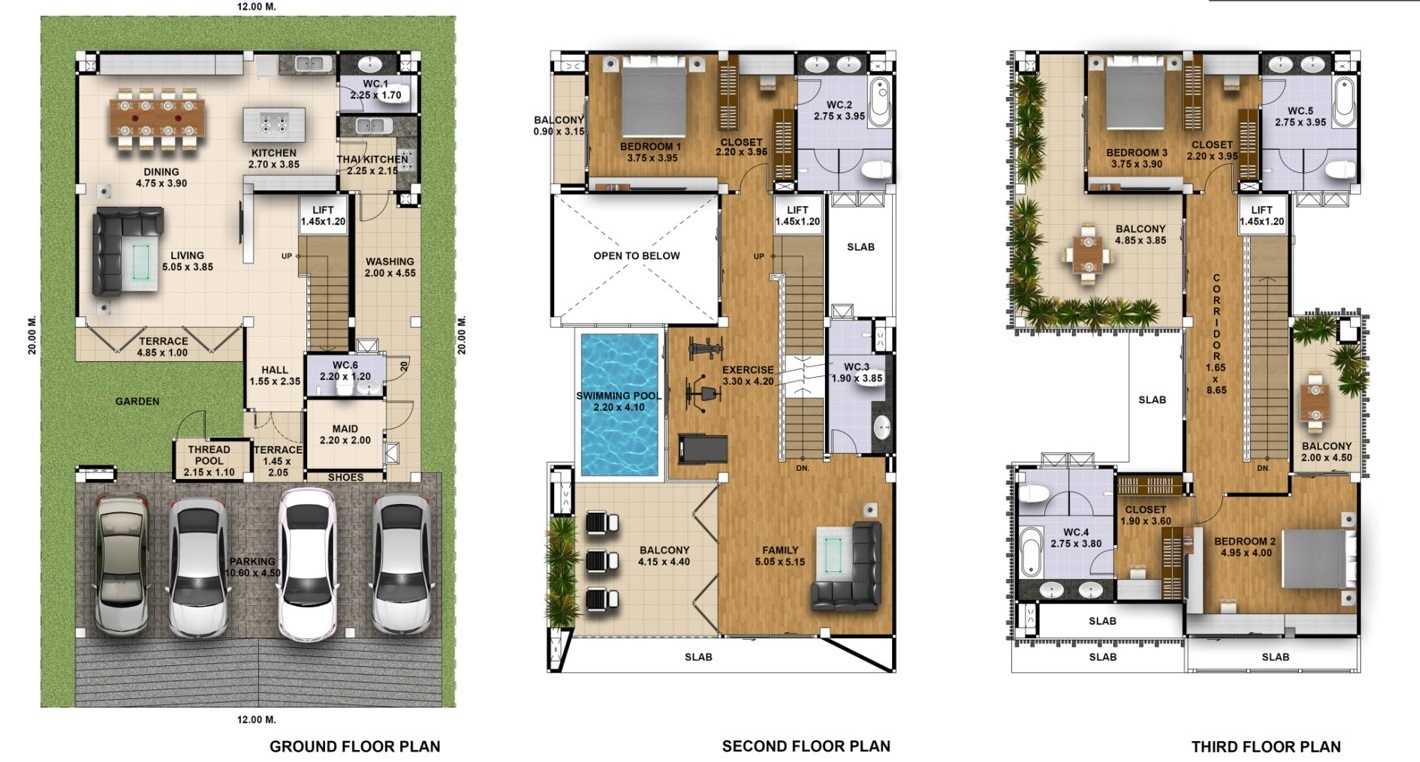 House Plan Plot 12x20 Meter with 4 Bedrooms - House Design 3D