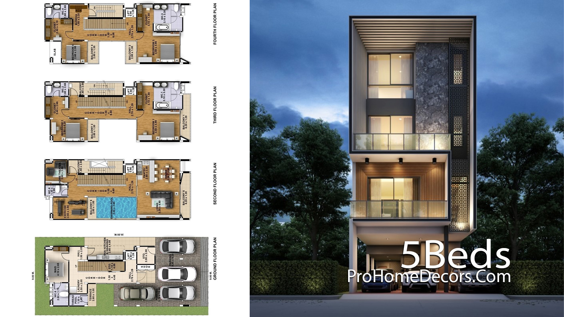 Narrow House Plot 9x20 Meter with 5 Bedrooms