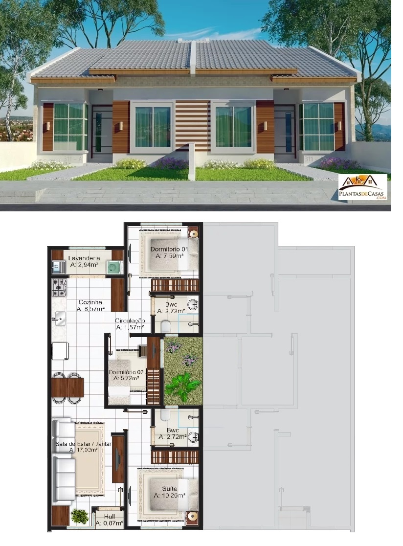 Duplex House Plan 6x13 Meter with 3 Bedrooms 3d view - 3d