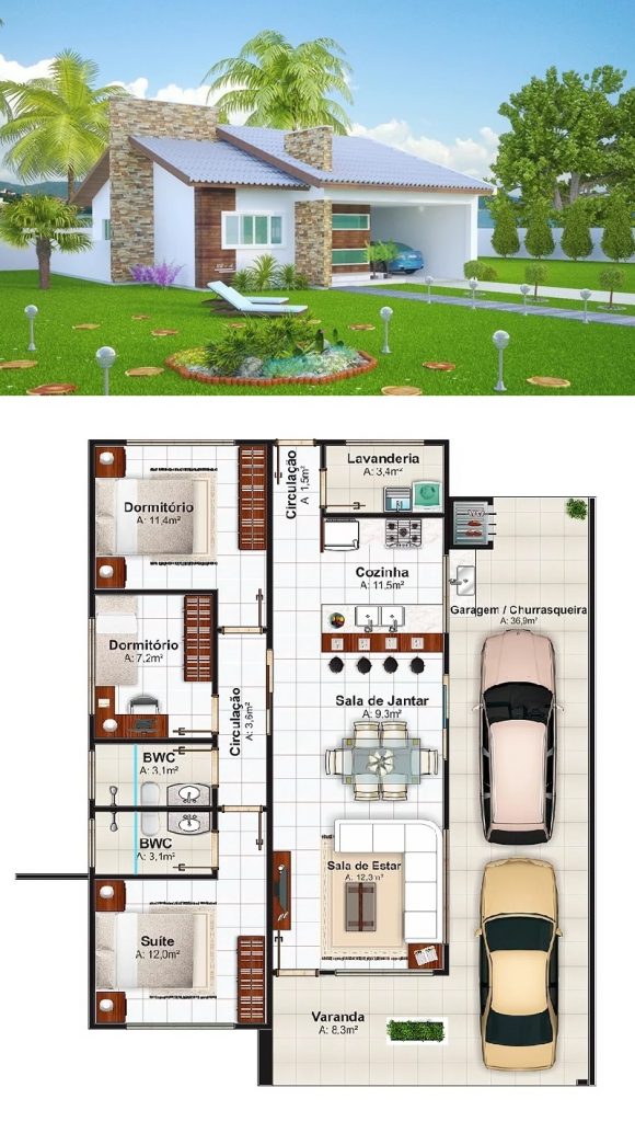 House-Design-12x14-Meter-with-3-Bedrooms-3d-1