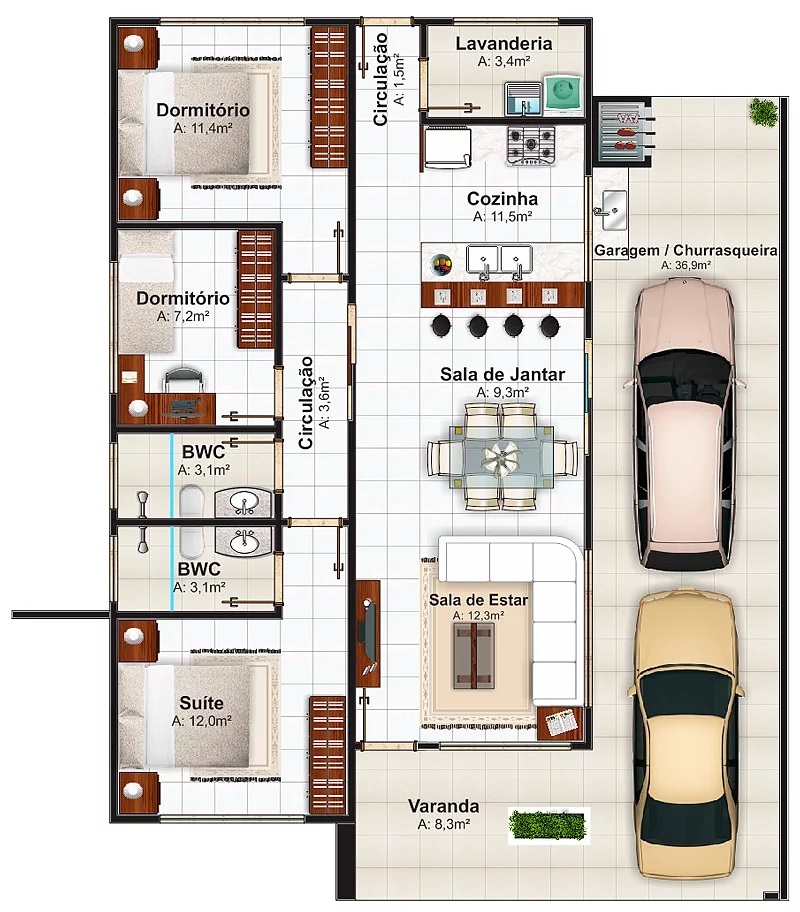 House Design 12x14 Meter with 3 Bedrooms layout floor plan