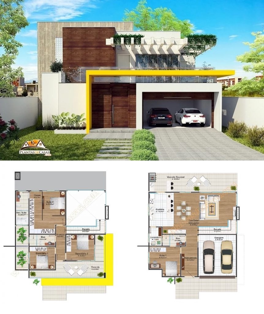 House Design Plan 12x12 Meter with 4 Bedrooms - 3d