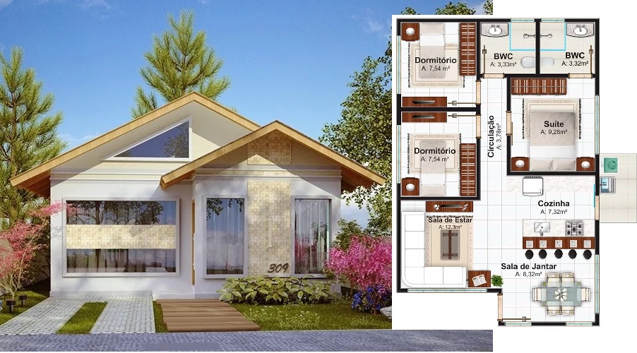 House Design Plan 7x10 Meter with 3 Bedrooms front 3d view 1