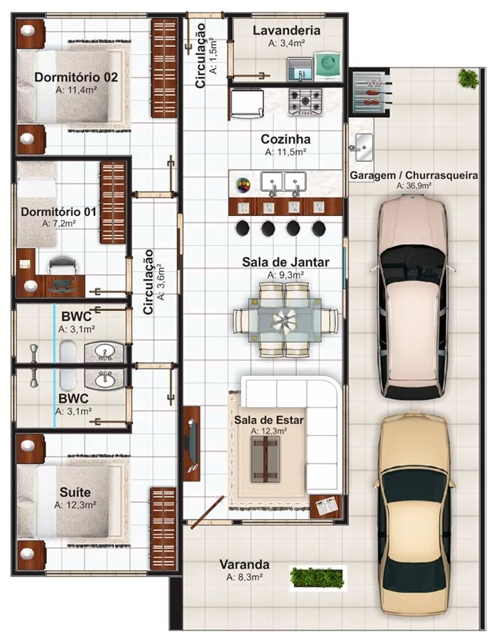 House Design Plot 12x20 Meter with 3 Bedrooms layout plan