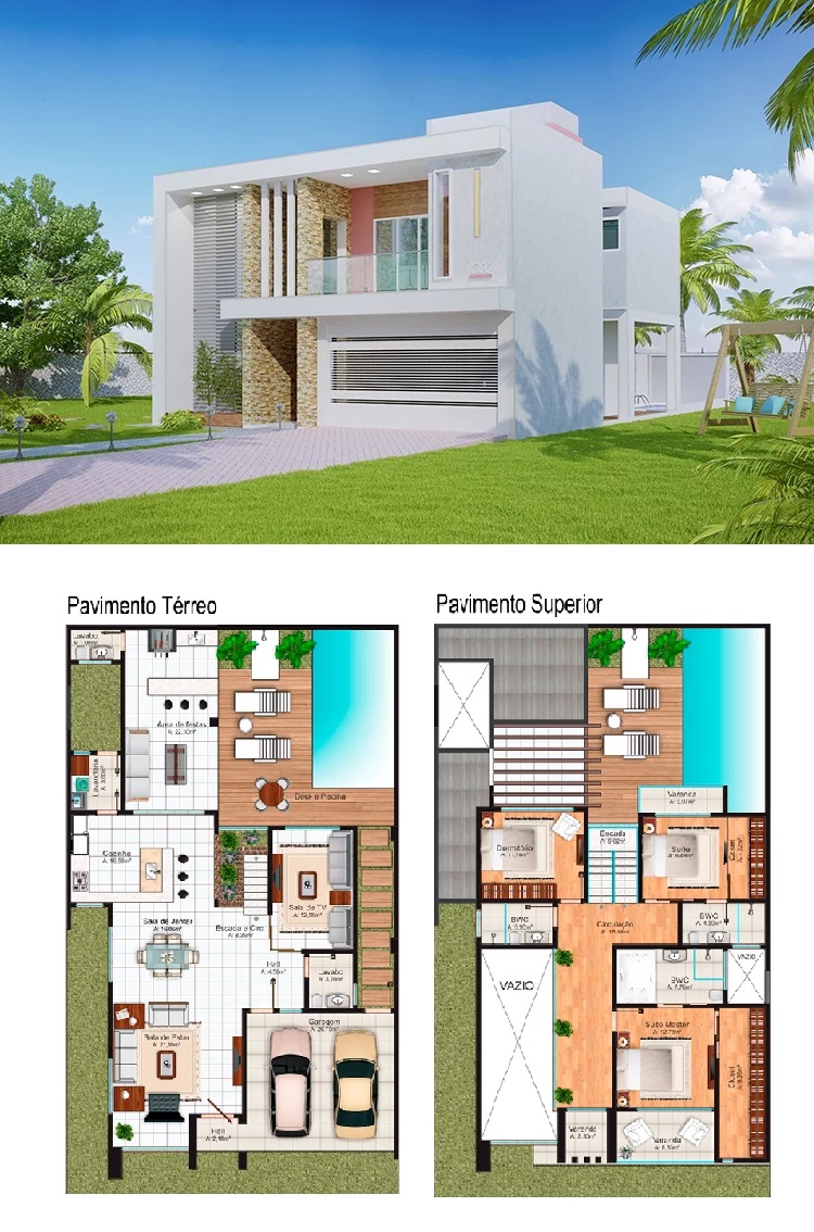 House Design Plot 12x25 Meter with 3 Bedrooms 3d