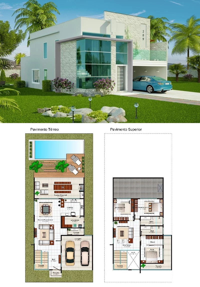 House Design Plot 12x30 Meter with 3 Bedrooms 3d view