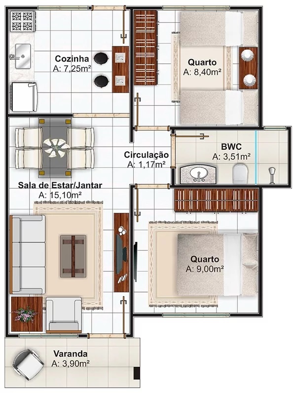 House Design Plot 7x16 Meter with 2 Bedrooms layout floor plan