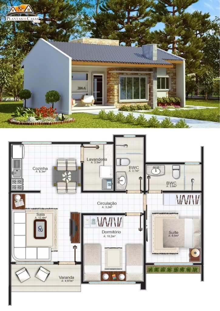 House Plan Plot 10x15 Meter with 2 Bedrooms 3d