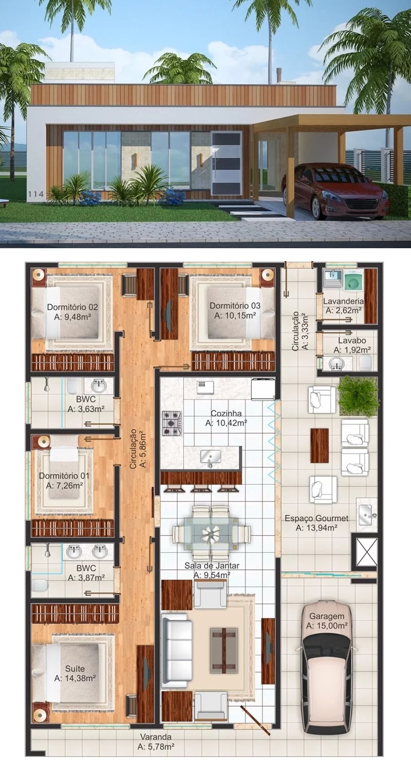 Modern House Design 10.5x14.5 Meter with 4 Bedrooms front 3d view - all
