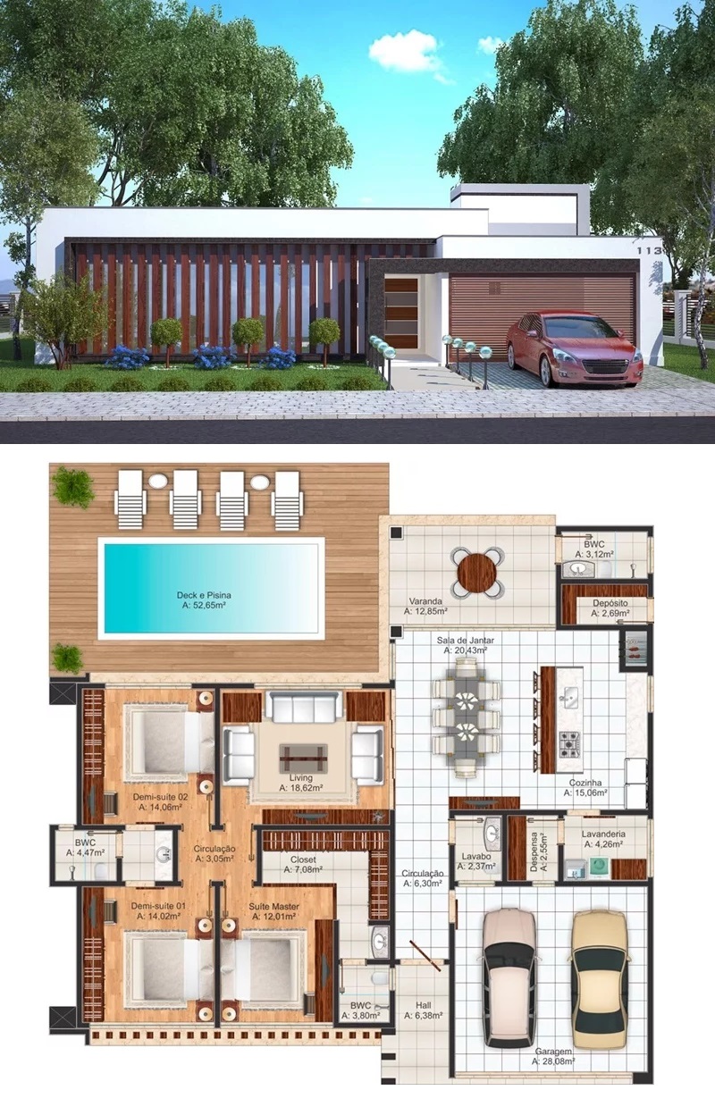 Modern House Design 17x16 Meter with 4 Bedrooms Front 3d view 1 - Cover