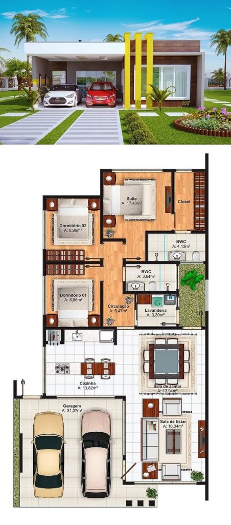Modern-House-Plan-10x17-Meter-3-Bedrooms 3d