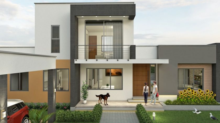 Modern House Plan 18x19 Meter 3 Beds 2 Story Plans front 3d