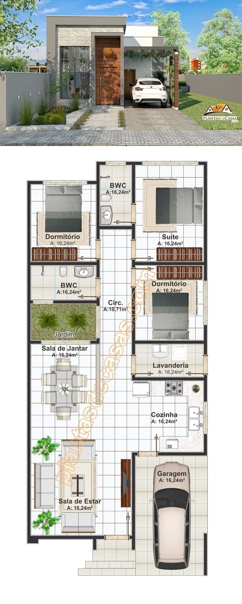Modern House Plan 7.5x15 Meter 3 Bedrooms - 3d