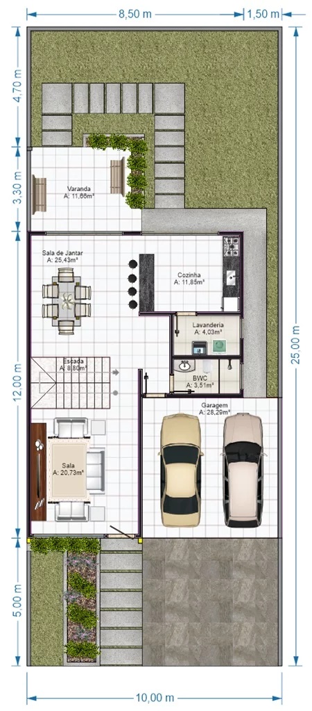 Modern House Plot 10x25 Meter With 3 Bedrooms ground floor plan
