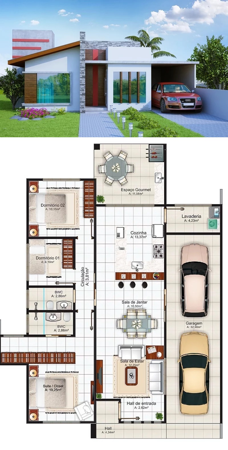 House Design Plan 10.5x14 Meter with 3 Bedrooms 3d