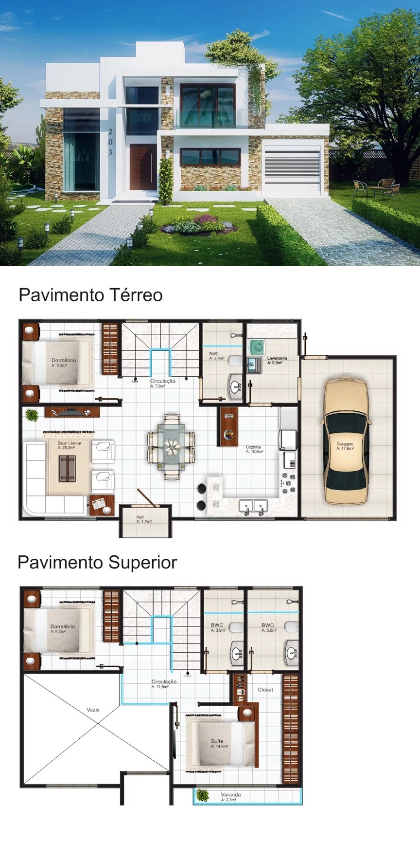 House Design Plan 13x7.5 Meter with 3 Bedrooms - 3d