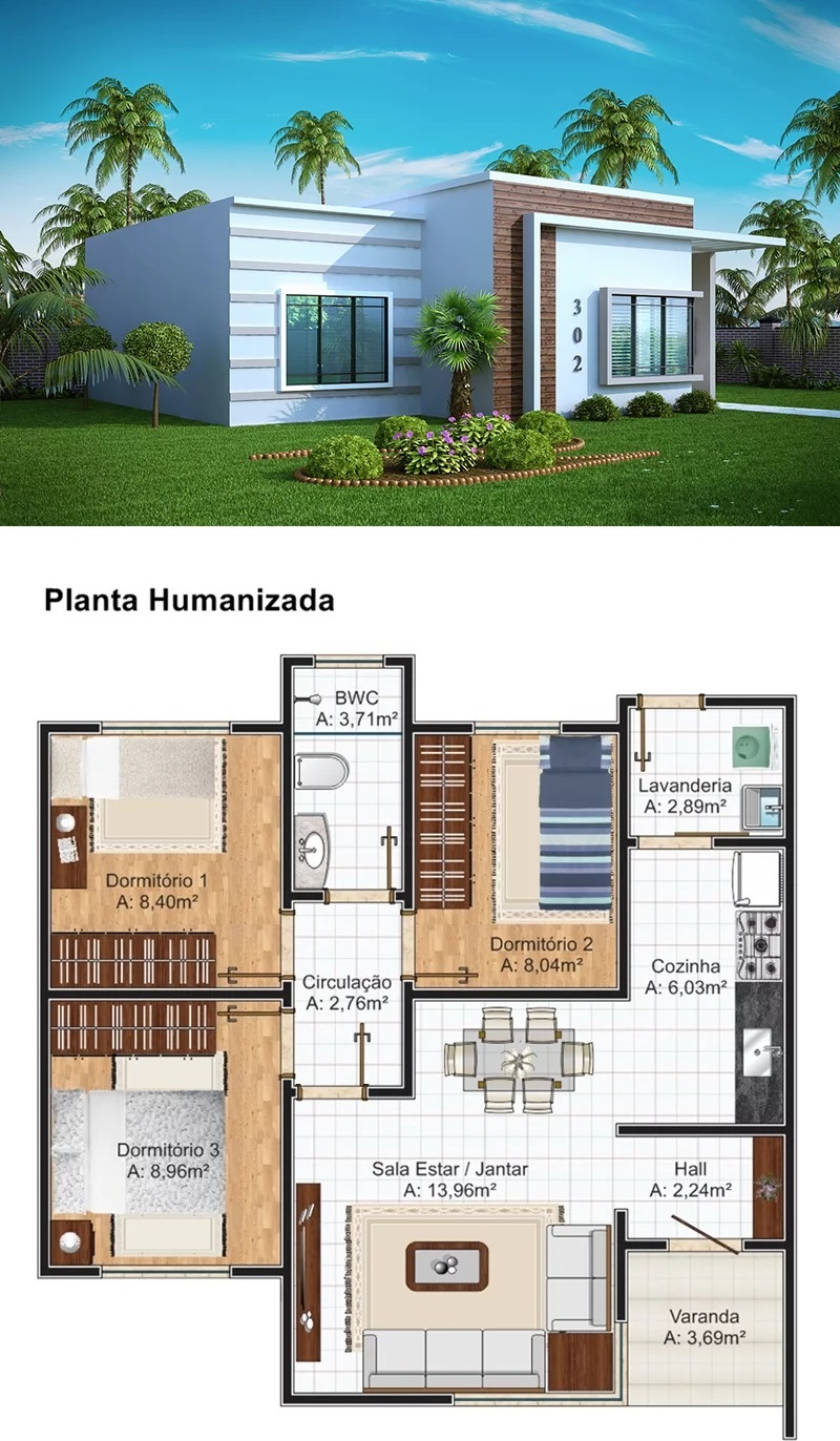 House Design Plan 9x9 Meter with 3 Bedrooms 3d view