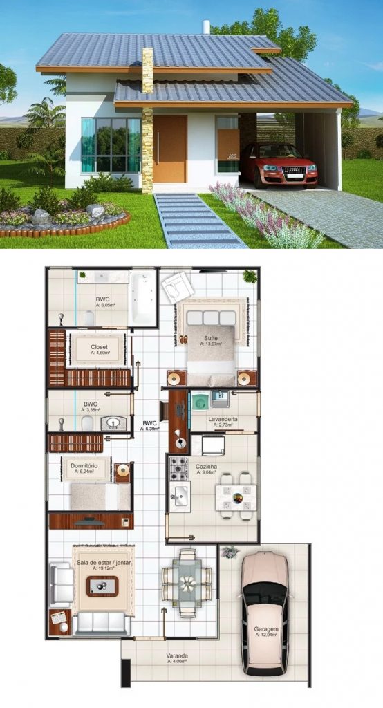 House Design Plans 8x13 Meter with 2 Bedrooms front 3d view