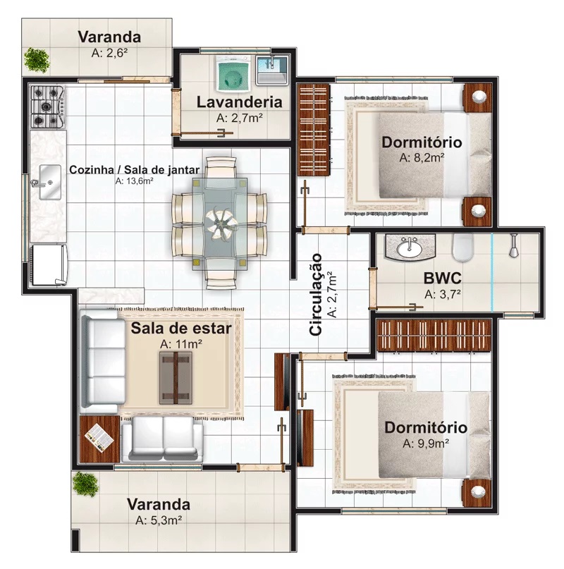 House Design Plans 8x9 Meter with 2 Bedrooms layout floor plan