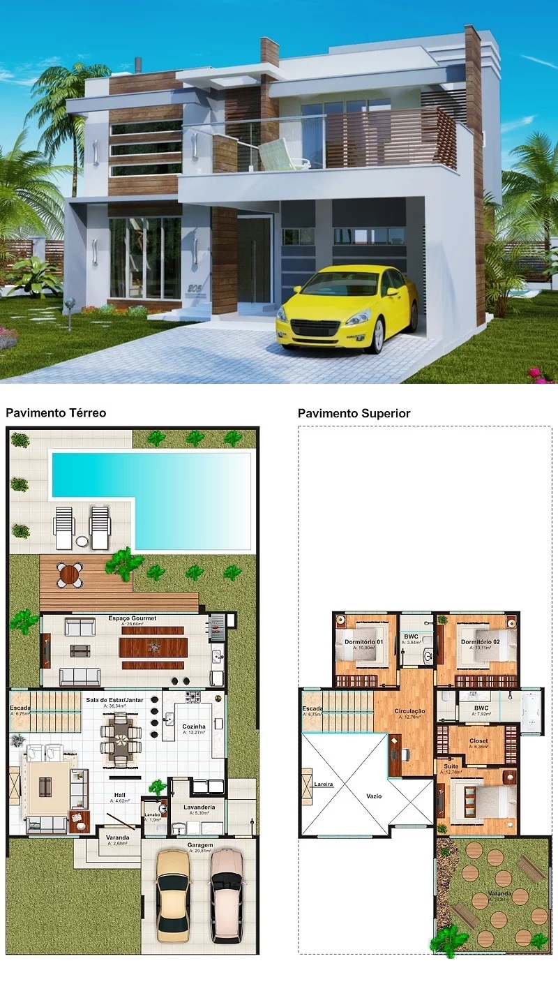 House Design Plot 12x30 Meter with 3 Bedrooms Front 3d view