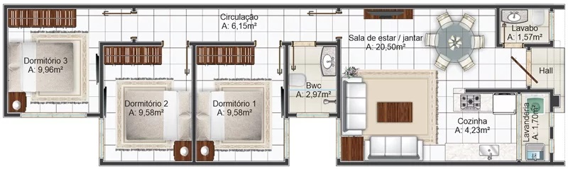 Small House Plot 5x25 Meter with 3 Bedrooms  layout floor plan