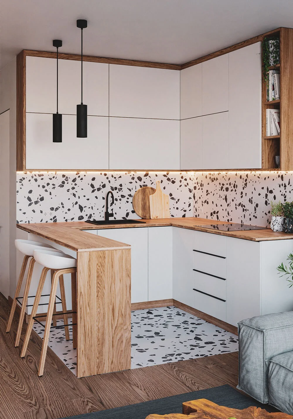 Small U-Shaped Kitchen Idea with Breakfast Bar - House Design 3D