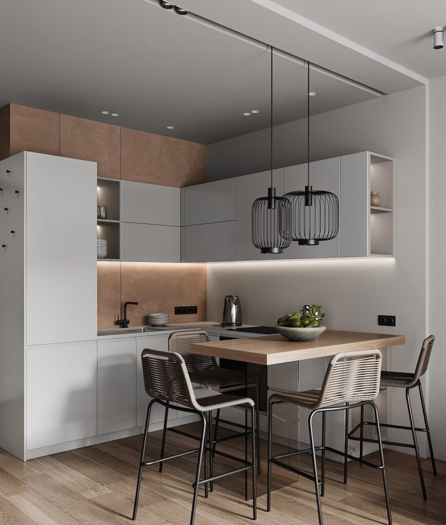 Small U-Shaped Kitchen Idea with Breakfast Bar - House Design 3D